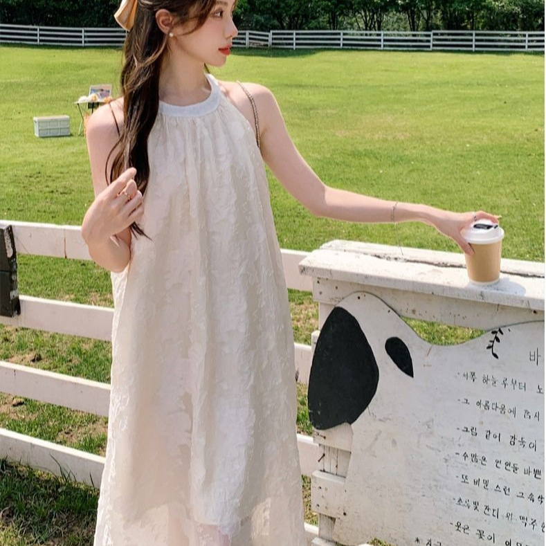 Women's Sleeveless Square Neck A-Line Midi Dress Solid Color Slimming French Style