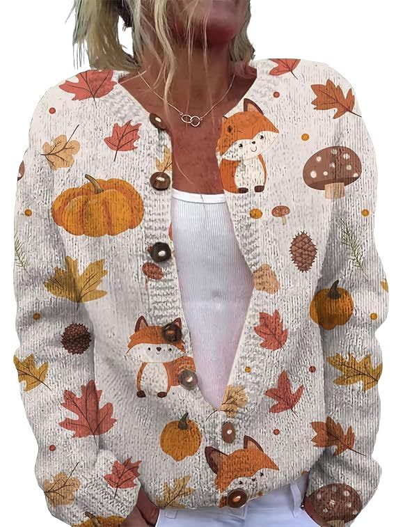 Women's Animal Pumpkin Maple Leaf Print Button Cardigan