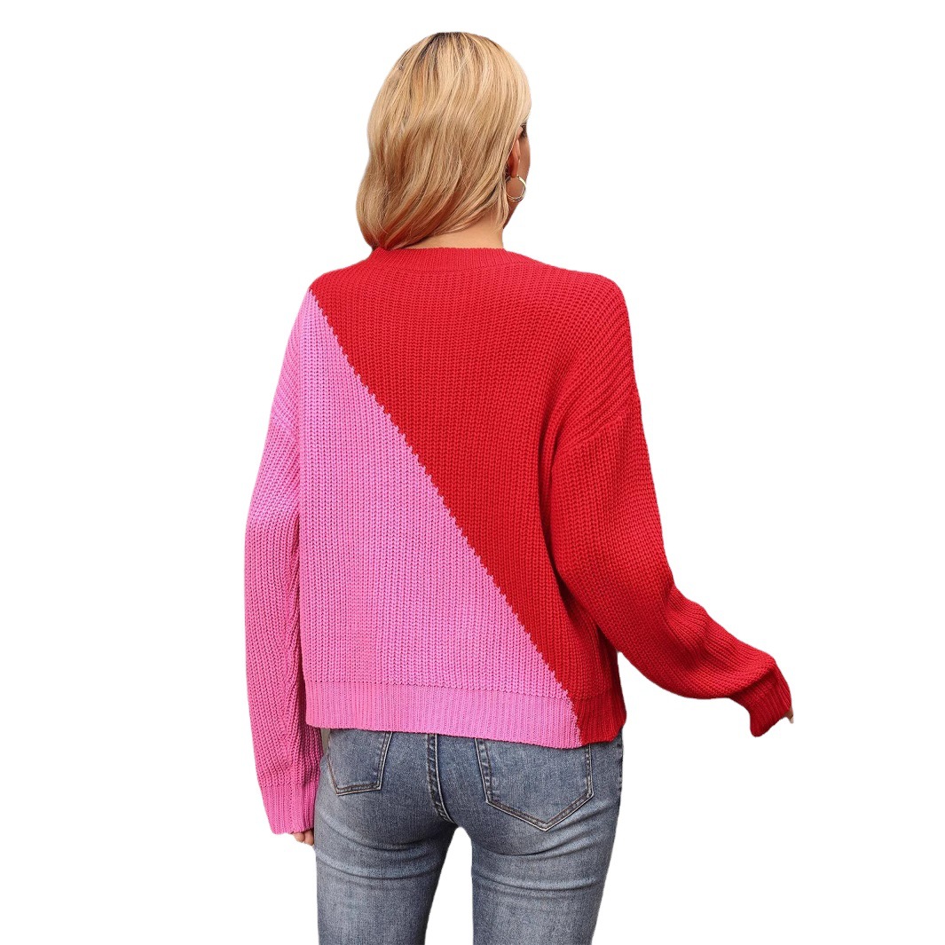Women's Color-Block Pullover Sweater Rose Red Loose Knit