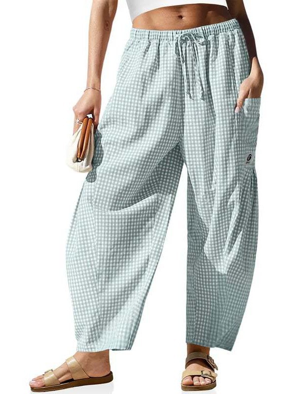 Women's Wide-Leg Plaid Harem Pants High Waist Linen-Blend Casual Trousers