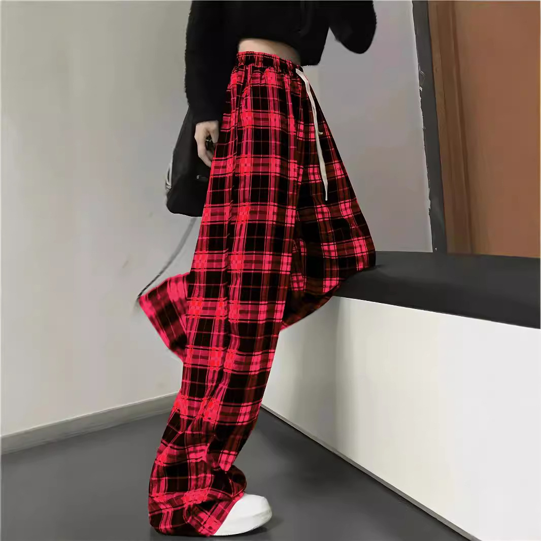High-Waisted Straight-Leg Plaid Pants for Summer, Black and White