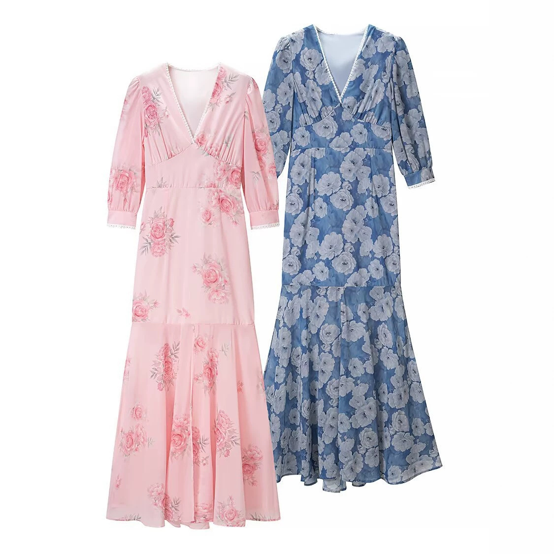 Floral V-Neck A-Line Midi Dress with Puff Sleeves