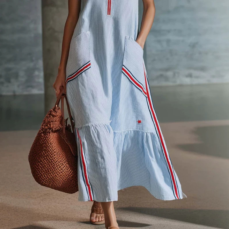 V-Neck Front Zip Light Blue Striped Midi Dress