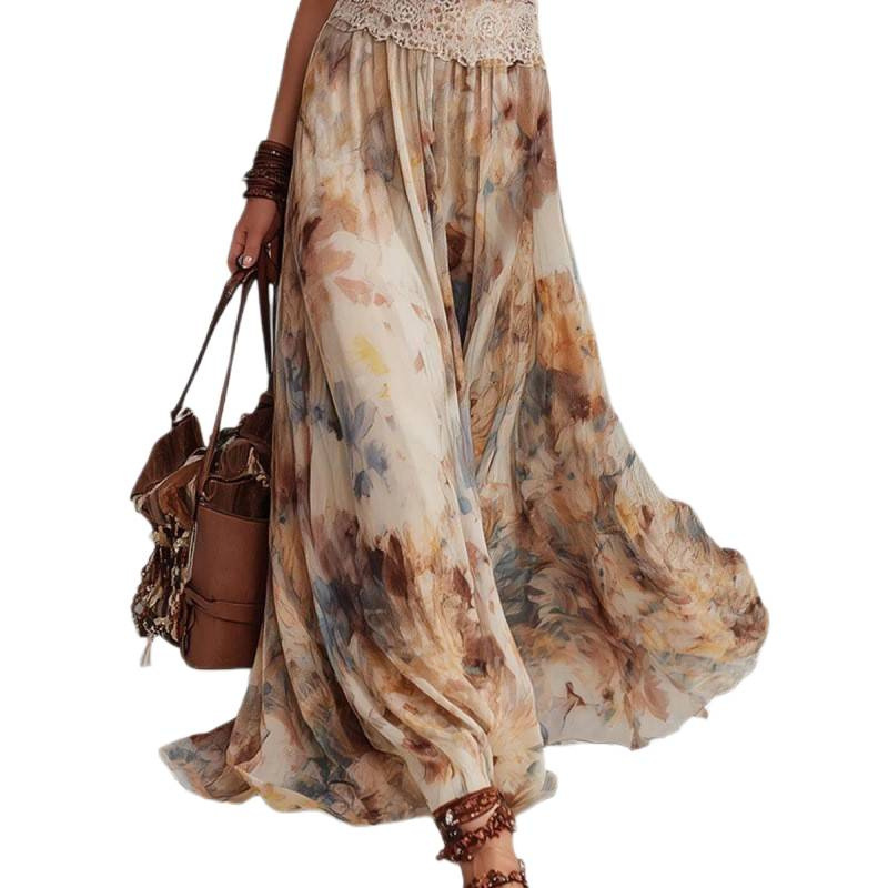 Floral Vintage Oil Painting Sleeveless High-Waist Midi Dress for Beach Vacation