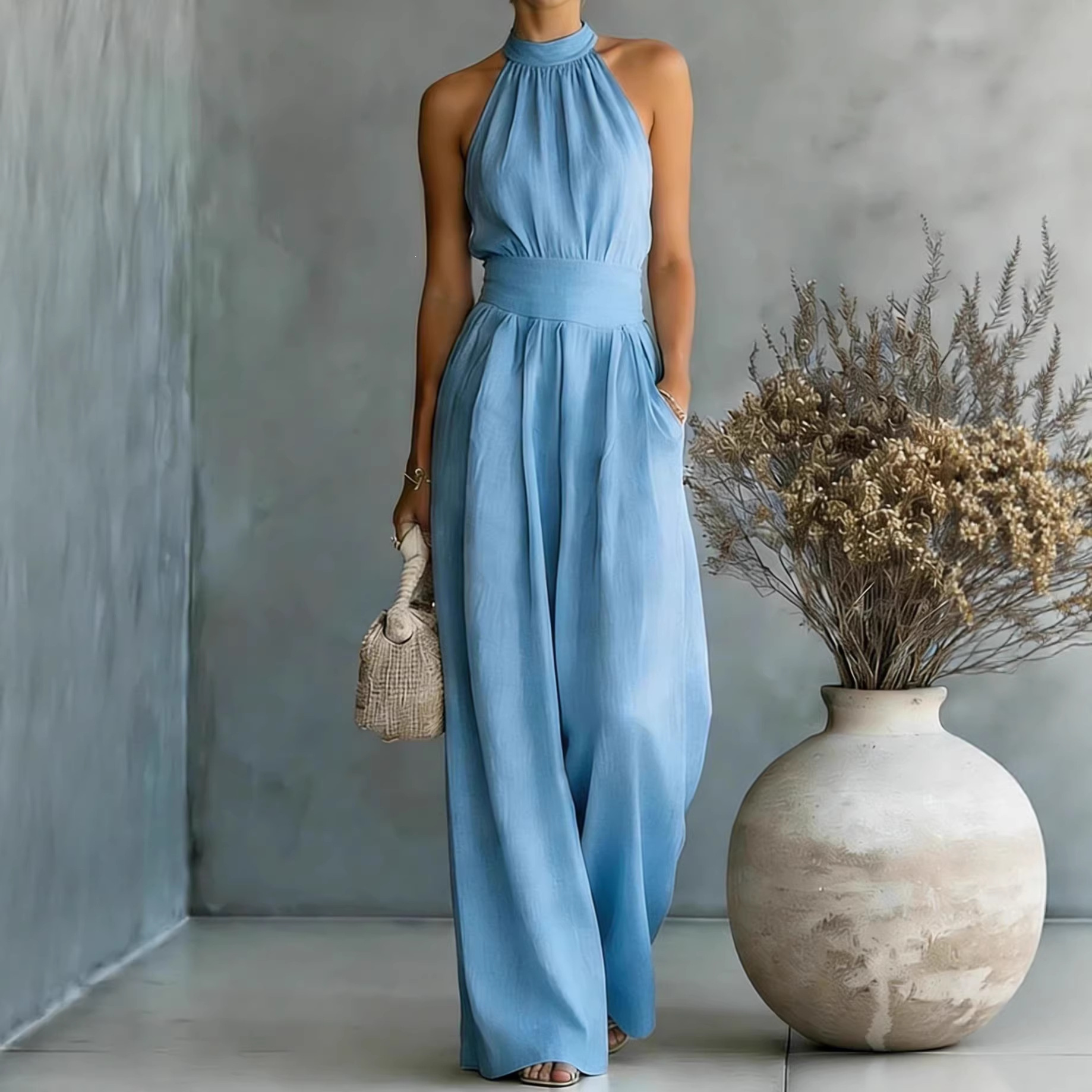 Sleeveless Halter Wide-Leg Jumpsuit with Cinched Waist