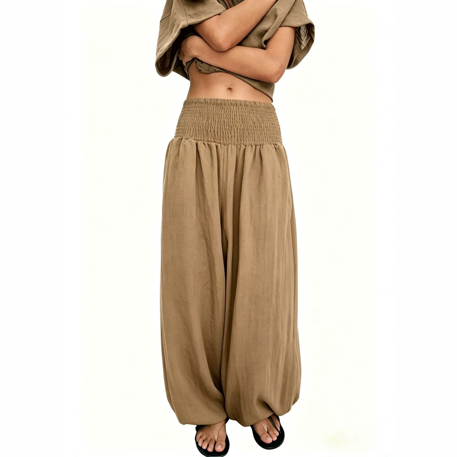 2026 Amazon New Hot-Seller Cross-Border Women's High-Waist Smocked Solid Color Cotton-Linen Fashion Casual Lantern Pants Wide-Leg Women