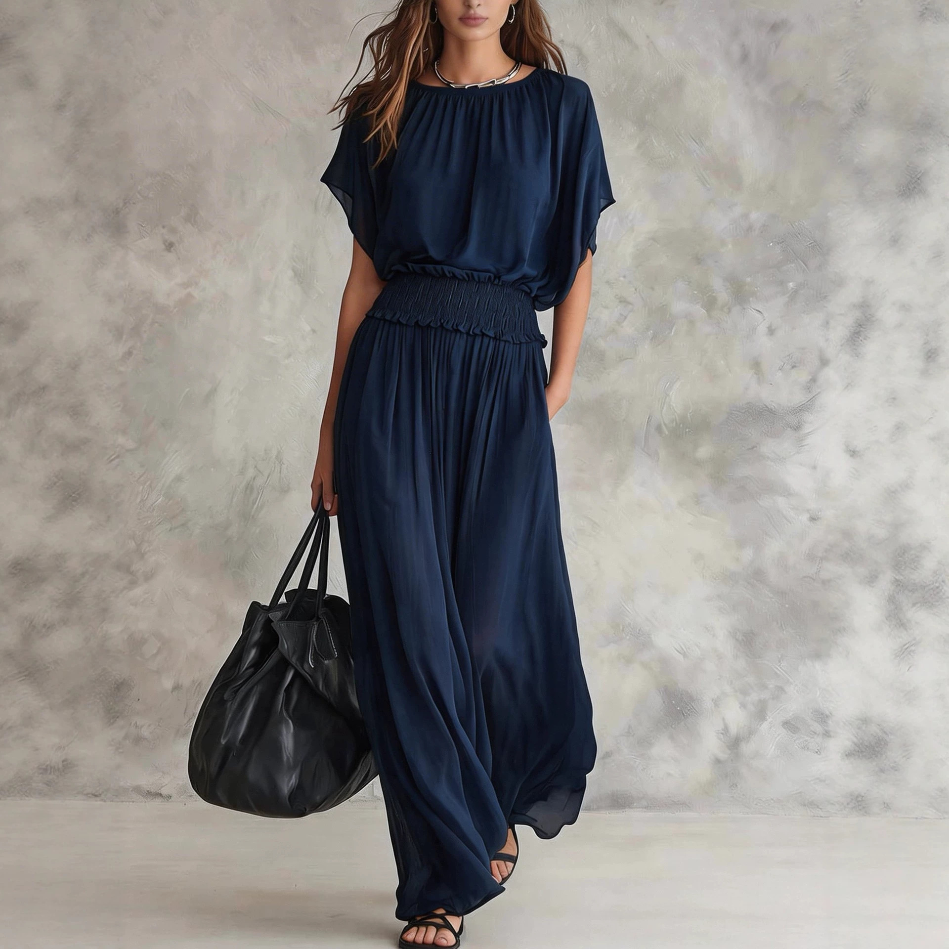 Chiffon Smocked Waist Long Dress