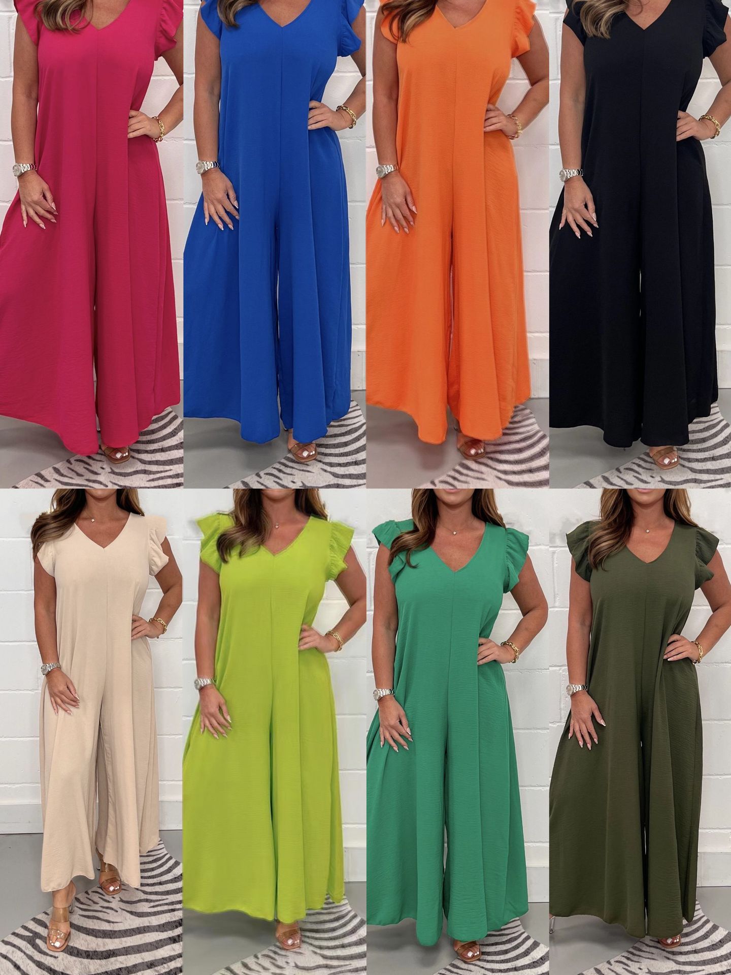 Women's Tie-Waist Ruffle Wide-Leg Jumpsuit Solid Casual