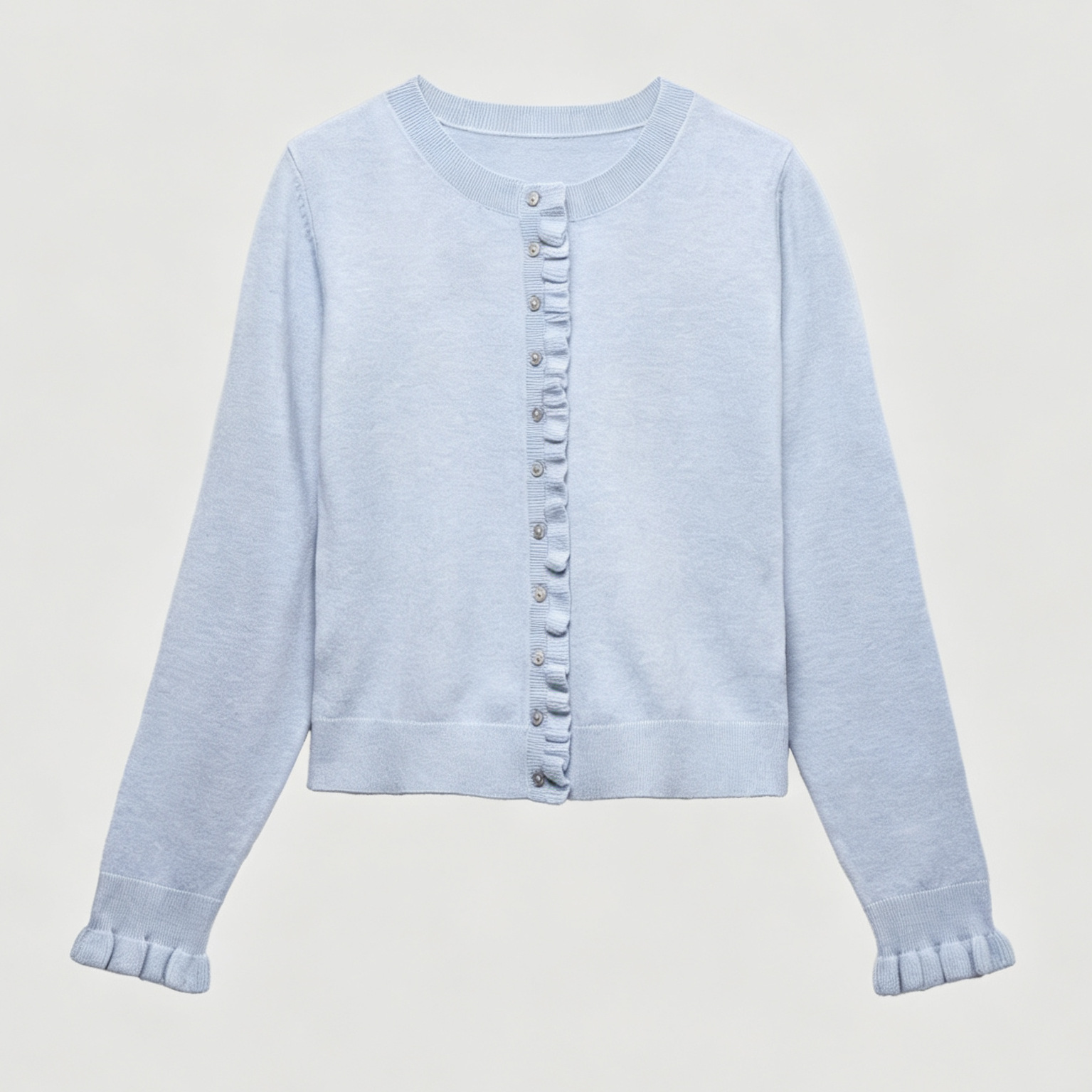 Women's Round Neck Long Sleeve Knit Cardigan with Ruffle Trim Solid Color Sweater Coat