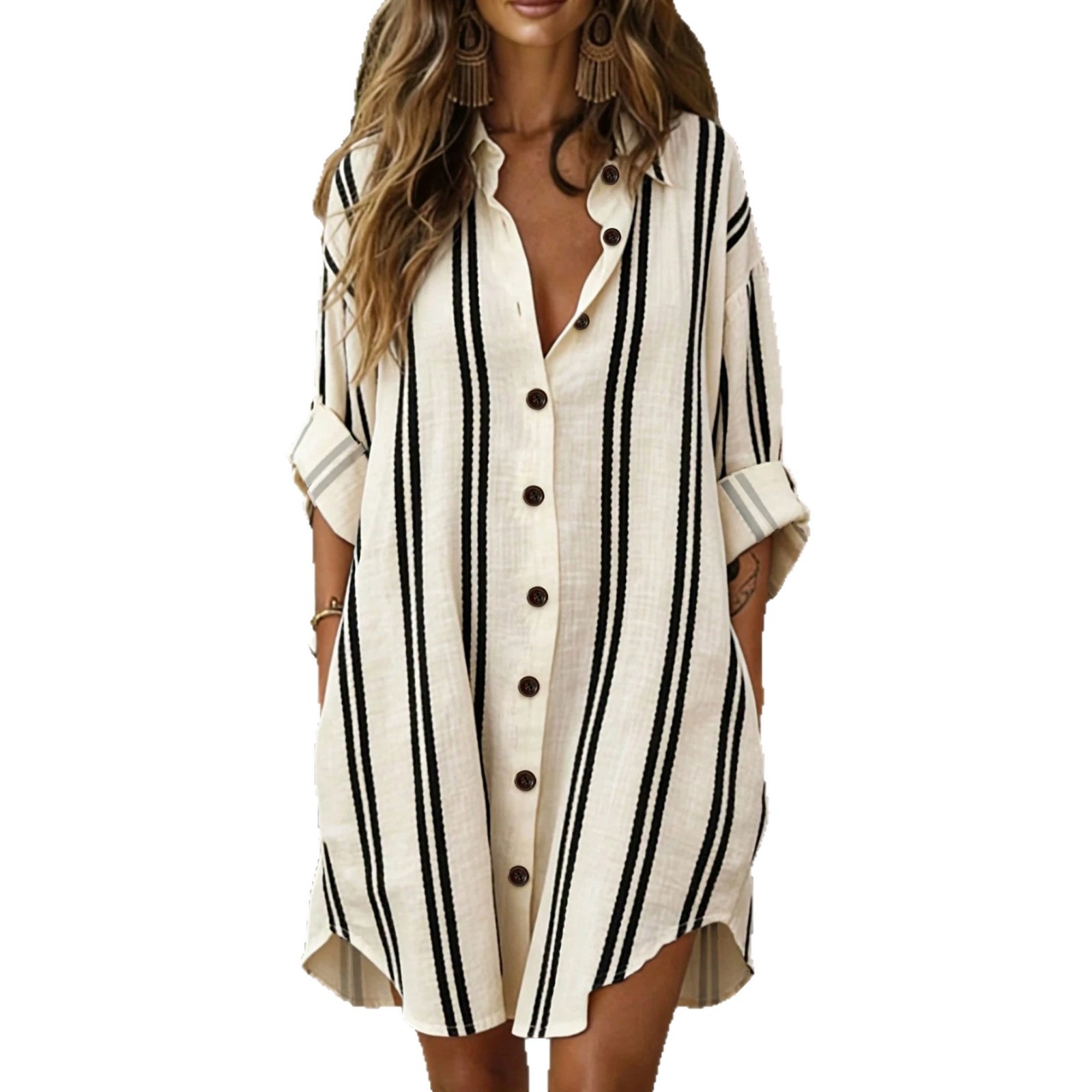 Striped Button-Front Shirt Dress Loose Casual Long Sleeve