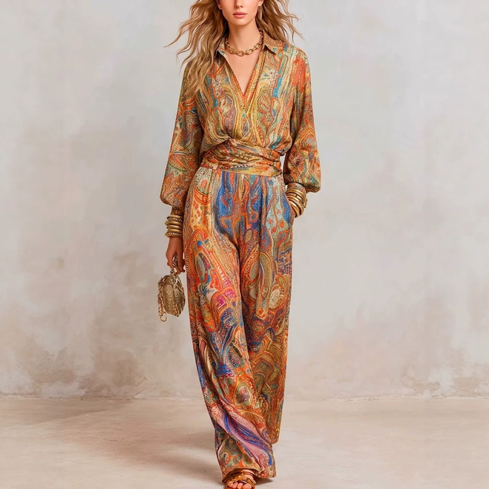 Bohemian Floral Print Two-Piece Pant Set with Lantern Sleeve Shirt