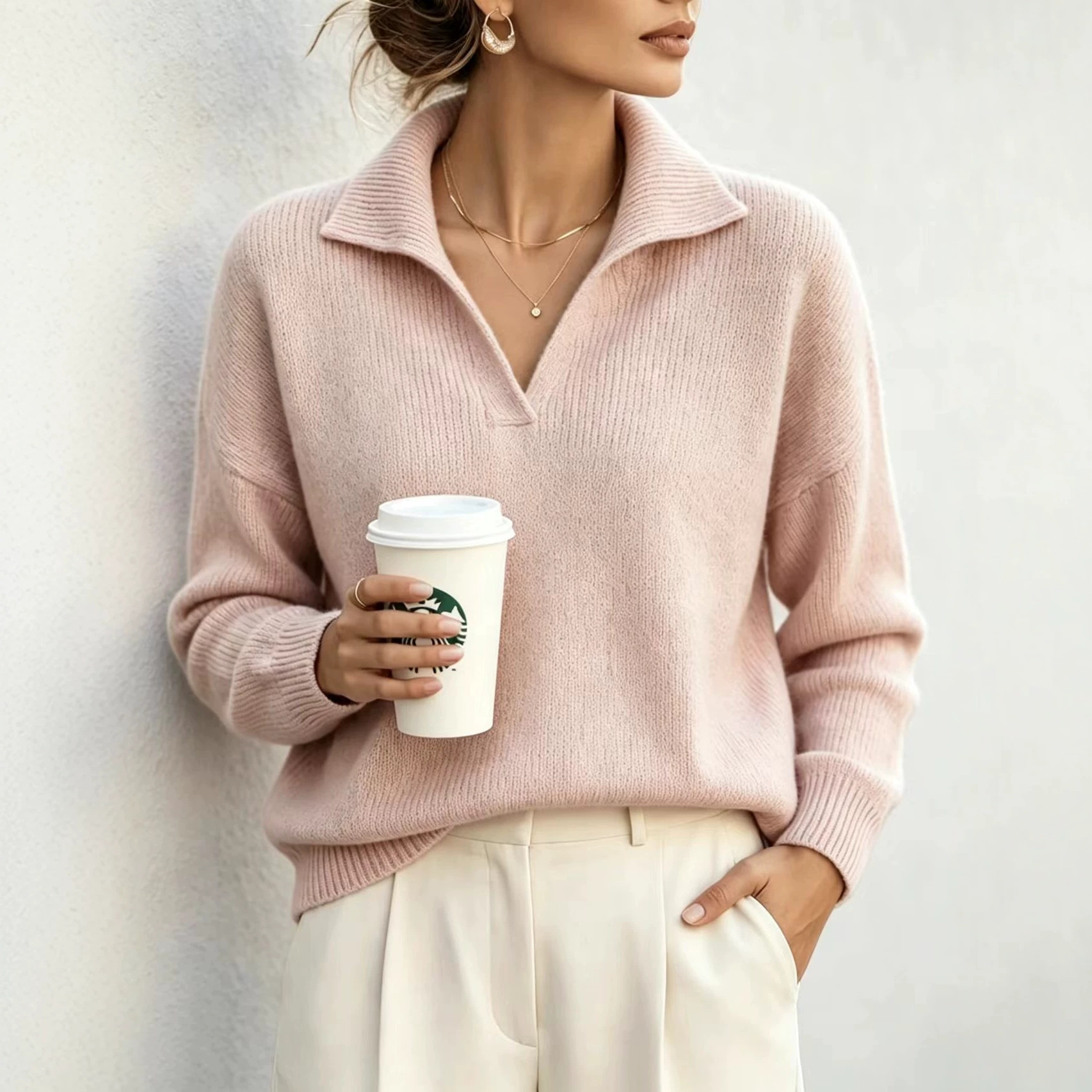 V-Neck Pullover Sweater Top Elegant Commuter Style Women's
