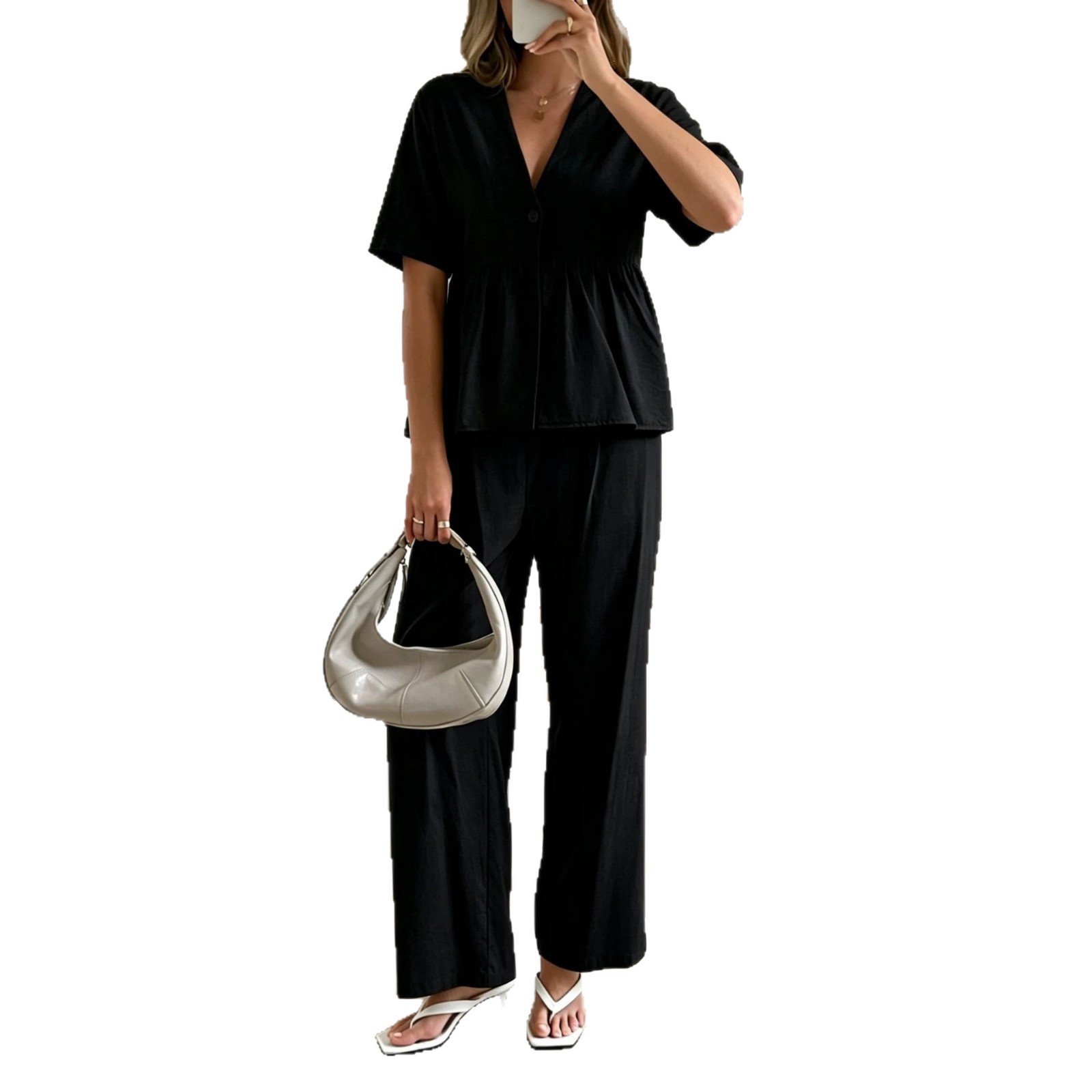 Elegant V-Neck Loose Short-Sleeve Top and Wide-Leg Pants Two-Piece Set