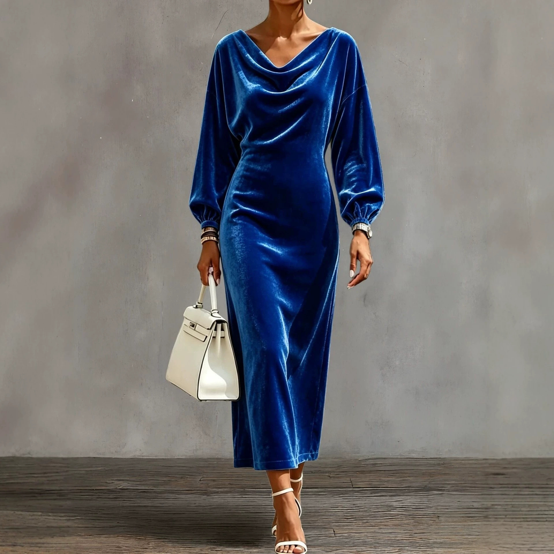 Solid Velvet Cowl Neck Slim Fit Long Sleeve Dress