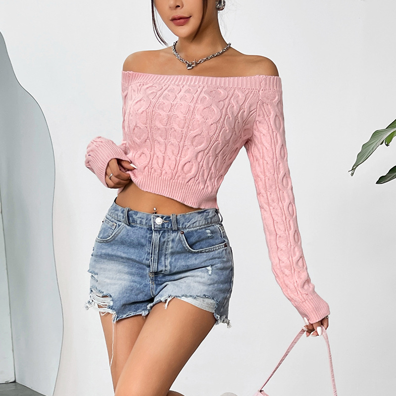 Women's Off-Shoulder Cropped Knit Sweater Slim Fit Sweet Pink