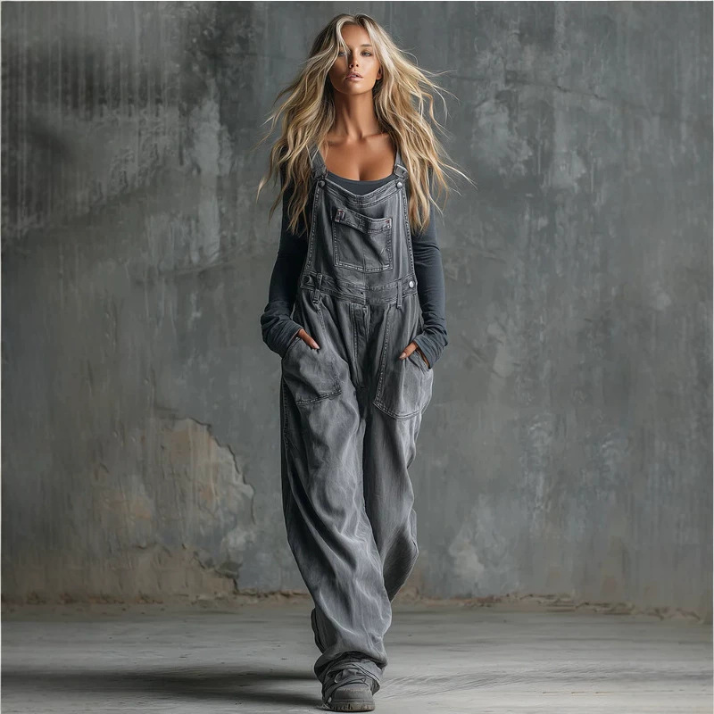 Retro Washed Denim Wide-Leg Sleeveless Jumpsuit