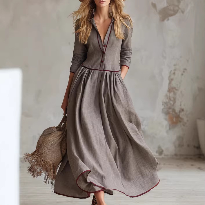 Minimalist Elegant Gray Cotton-Linen Long Dress