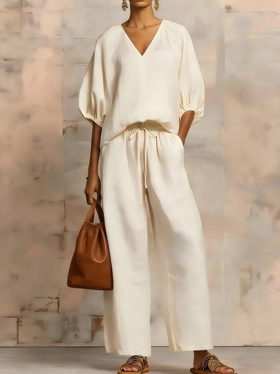 Minimalist Solid V-Neck Loose Two-Piece Set