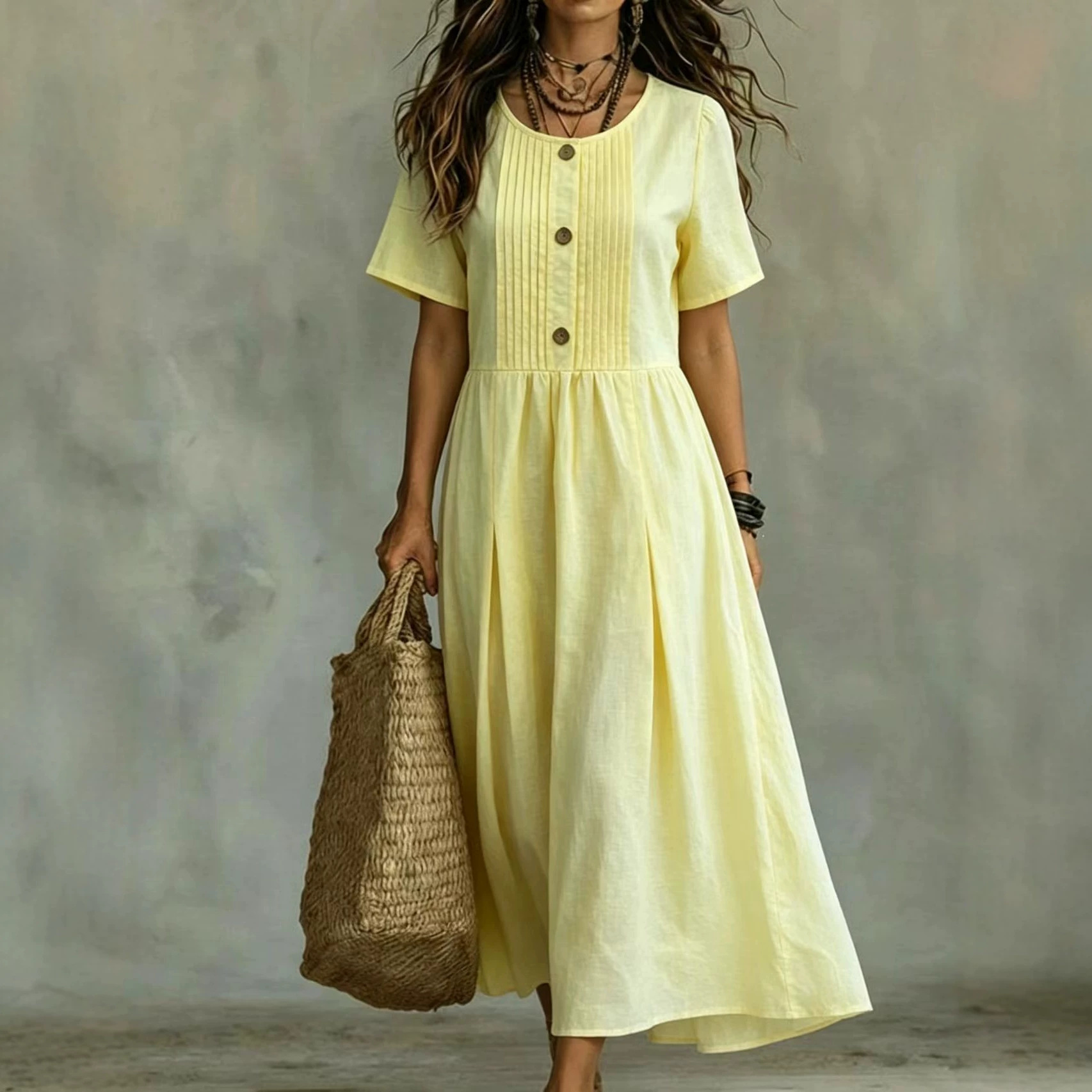 Women's Cotton-Linen Short Sleeve Midi A-Line Dress Loose Fit