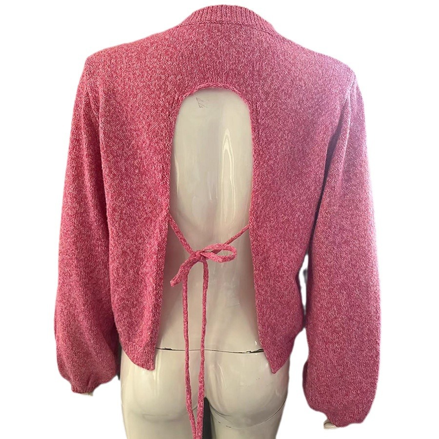 Women's Round Neck Long Sleeve Open Back Tie Knit Loose Sweater Top
