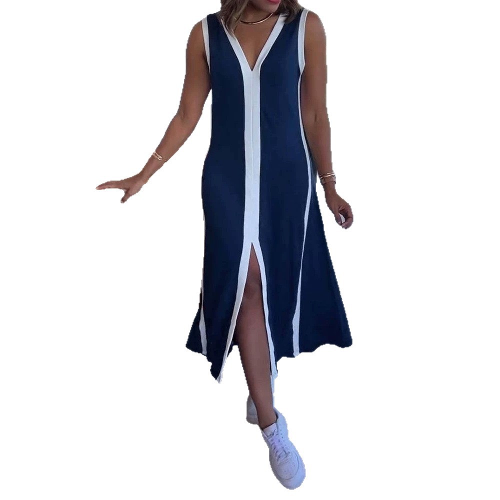 Blue and White Colorblock Sleeveless V-Neck Midi Dress with Slit