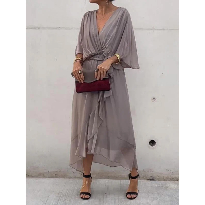 Women's Solid Color Tie-Waist Batwing Sleeve Irregular Long Dress Plus Size
