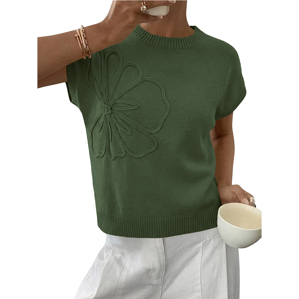 Women's Floral Jacquard Knit Short Sleeve Sweater