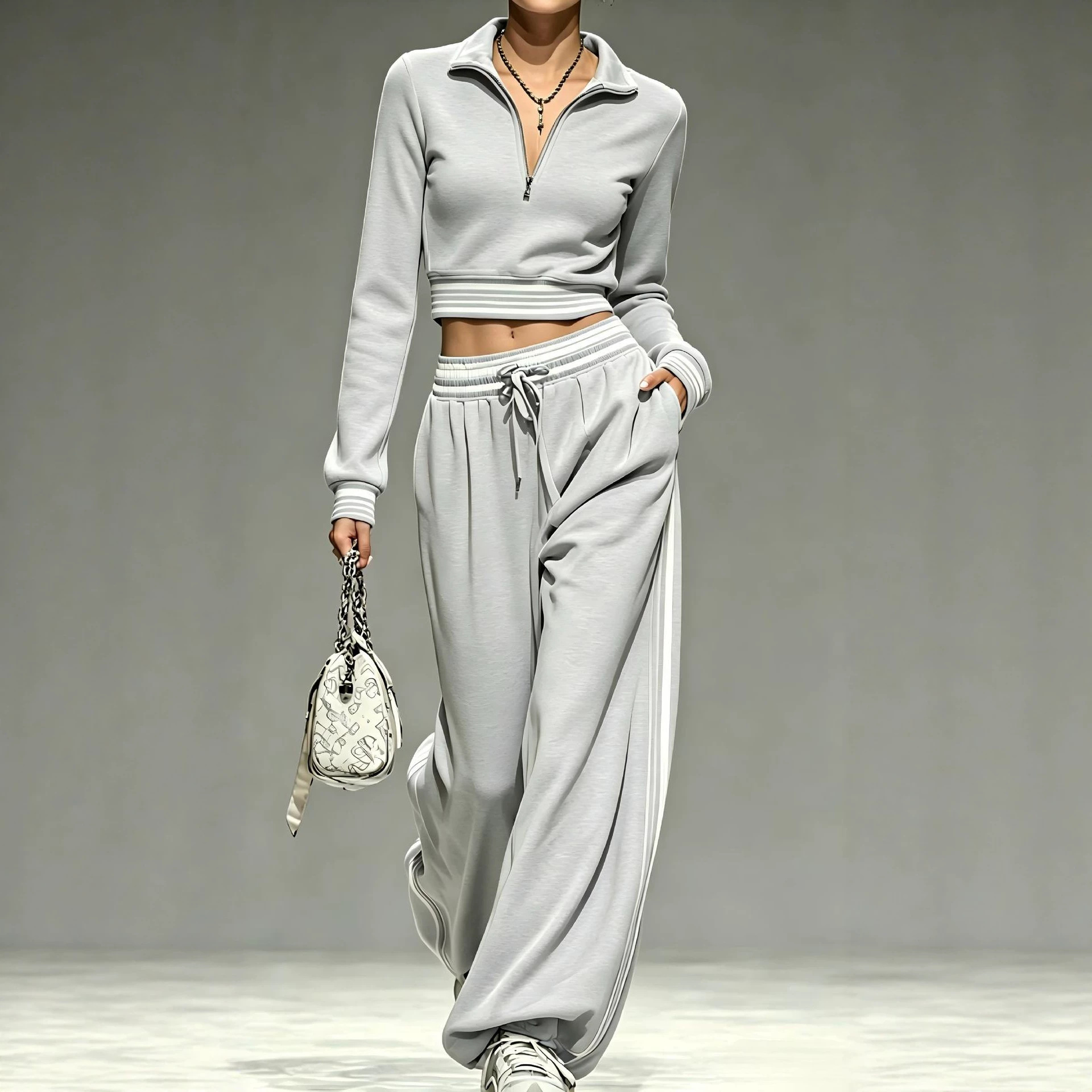Solid Color Zip-Front Collared Women's Two-Piece Pants Set