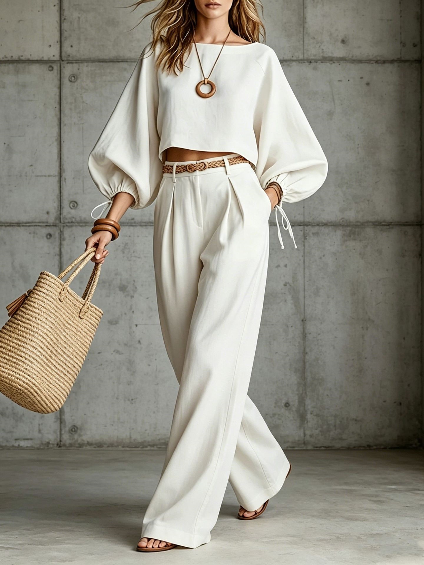 Women's Puff Sleeve Top & Wide-Leg Pants Casual Set