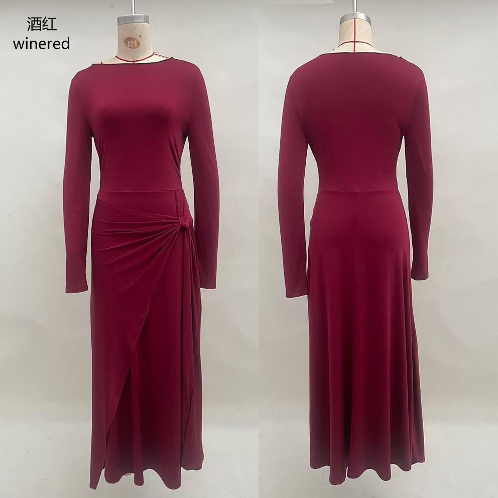 Women's Solid Wrap Long Sleeve Maxi Dress with Knot Detail