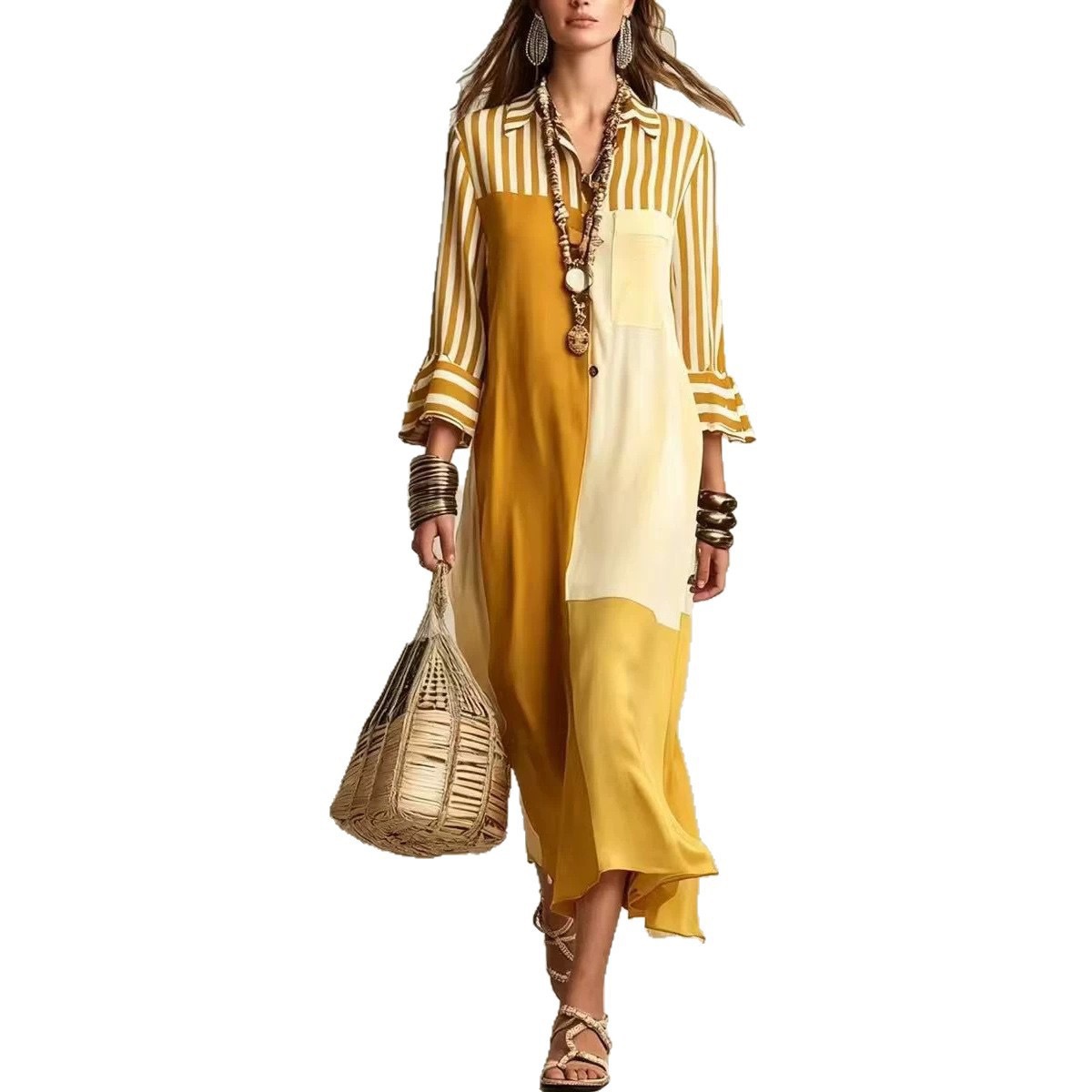 Striped Colorblock V-Neck Shirt Dress with Three-Quarter Sleeves