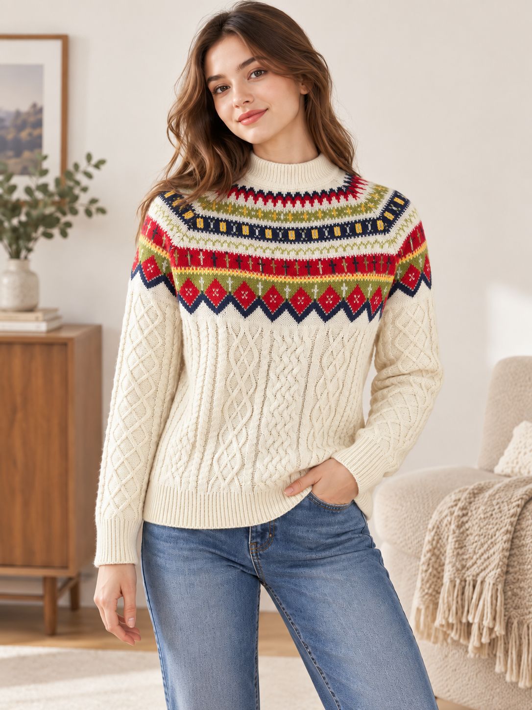 Fair Isle Jacquard Cable Knit Half-Turtleneck Sweater Women Loose Pullover