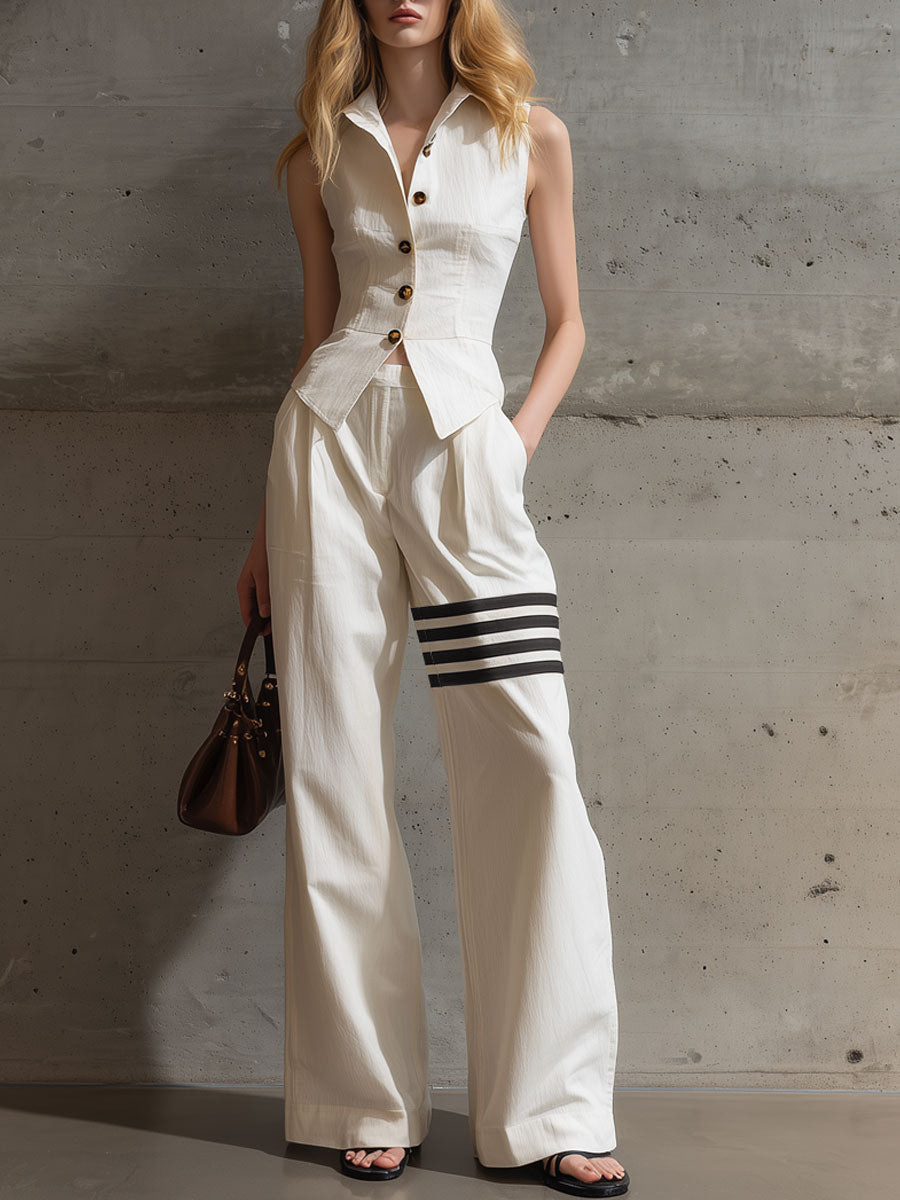 Sleeveless Button-Front Cinched Shirt & Wide-Leg Pants Set