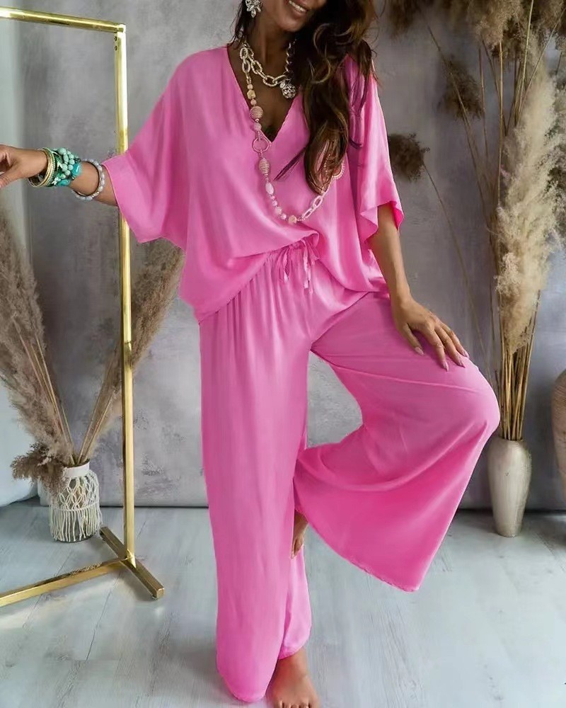 V-Neck Batwing Sleeve Wide-Leg Pants Set Women Casual Loose Two-Piece