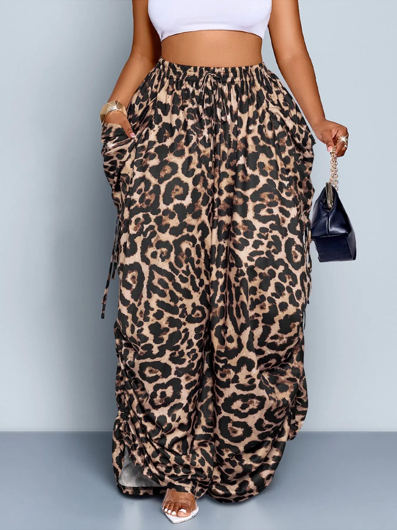 Leopard Print Wide-Leg Harem Pants High Waist Linen-Blend Lightweight