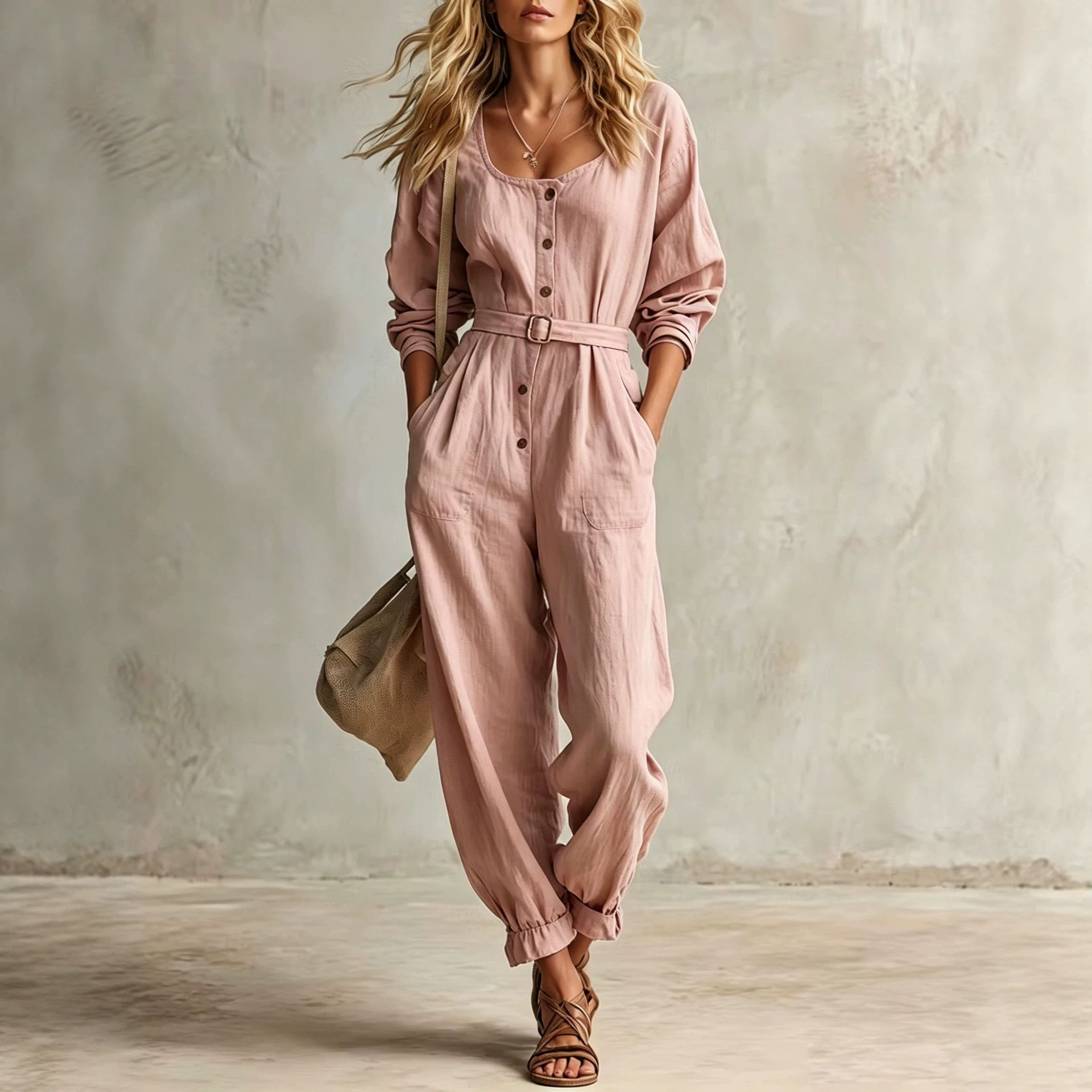 Women's Linen Square Neck Long Sleeve Jumpsuit with Belt