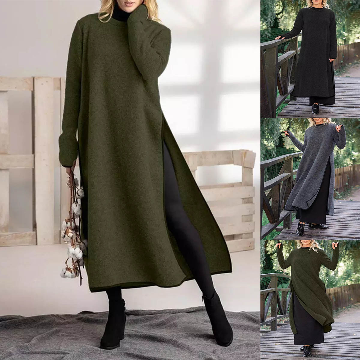 Loose Plus-Size Knit Lace-Trim Fleece-Lined Sweatshirt Dress