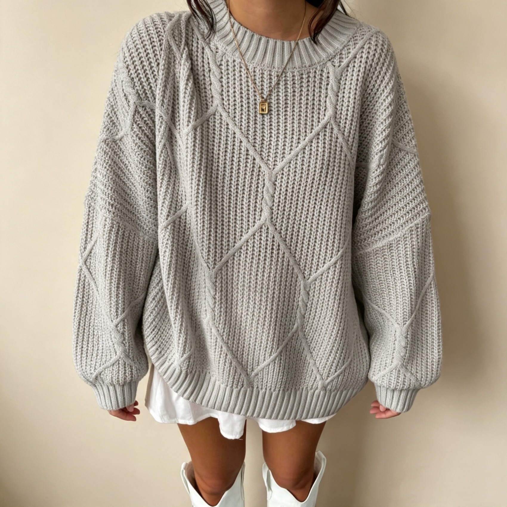 Women's Cable Knit Diamond Crewneck Pullover Sweater
