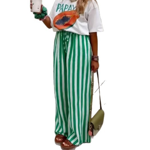 Women's Loose Straight-Leg Striped Print Pants Casual Colorblock