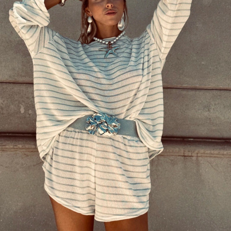 Women's Striped Two-Piece Set with Lantern Sleeve Top and Shorts