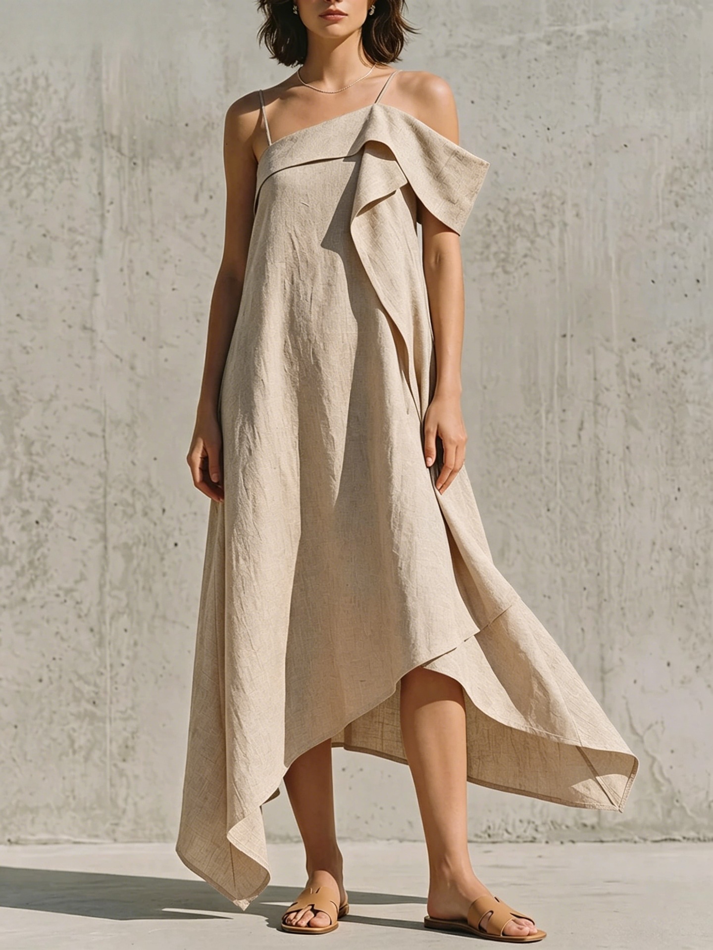 Asymmetric One-Shoulder Linen-Blend Dress with Irregular Hem