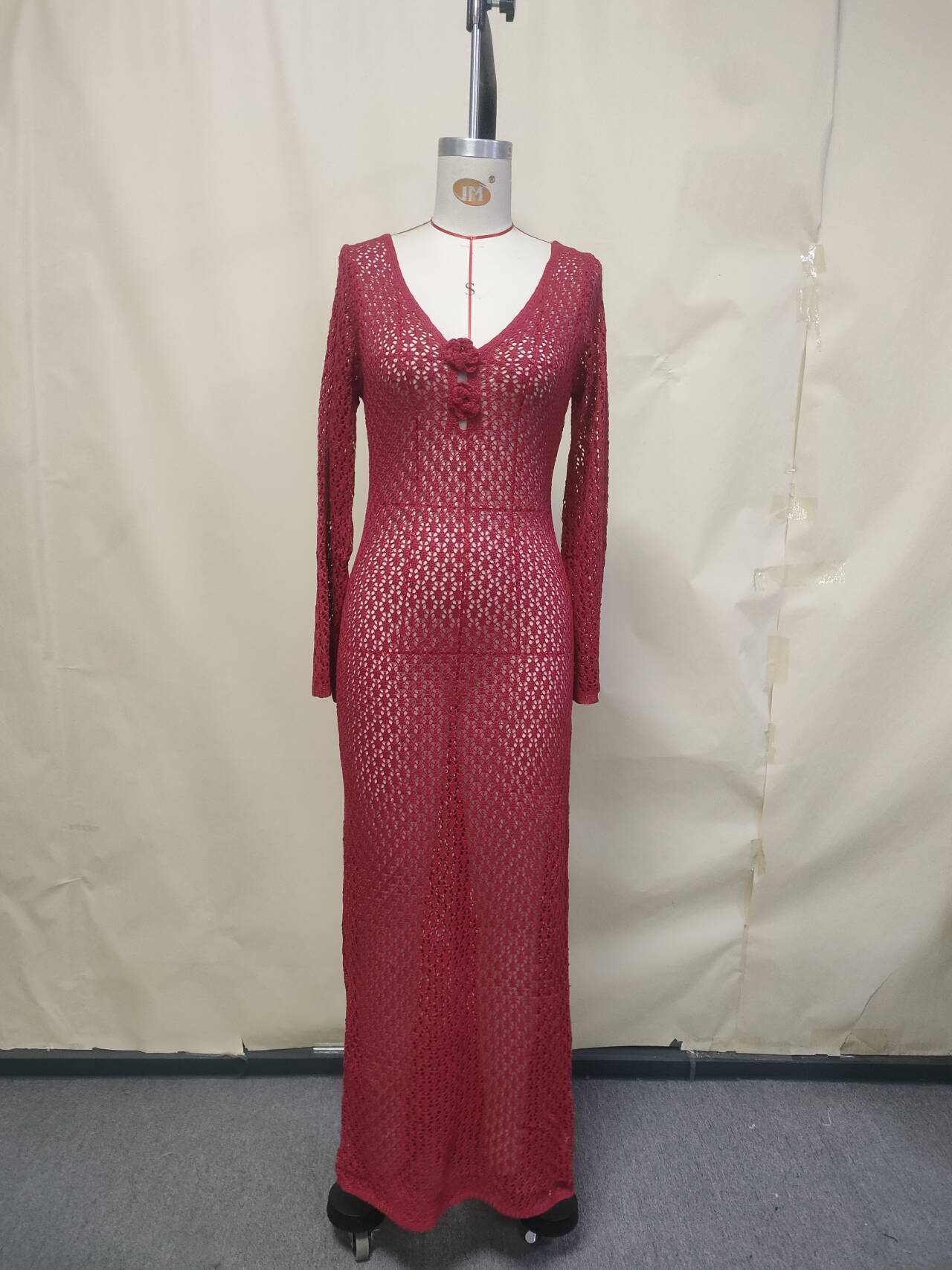 Women's Slim-Fit Long Sleeve Openwork Knit Dress with V-Neck and Open Back
