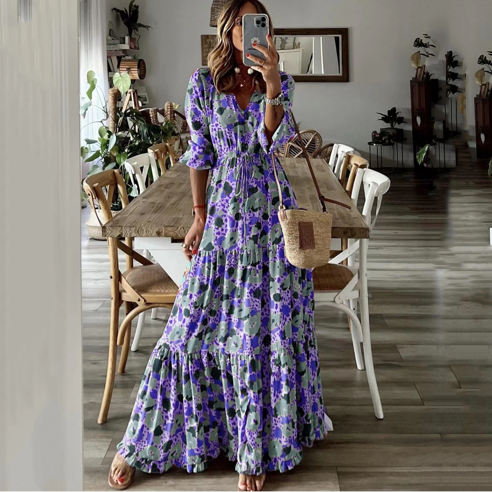 Bohemian V-Neck Floral Print Maxi Dress with Lantern Sleeves