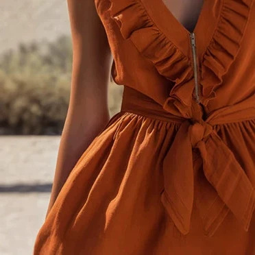 Vintage Orange Ruffle Sleeveless Cotton Linen Jumpsuit