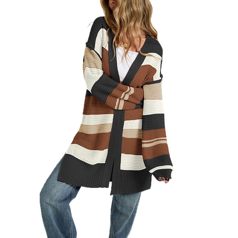Color-Block Slit Long-Sleeve Cardigan Knit Sweater