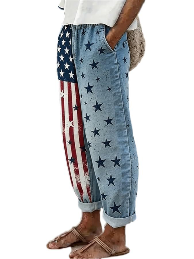 Women's American Flag Print Jogger Pants Casual Tapered