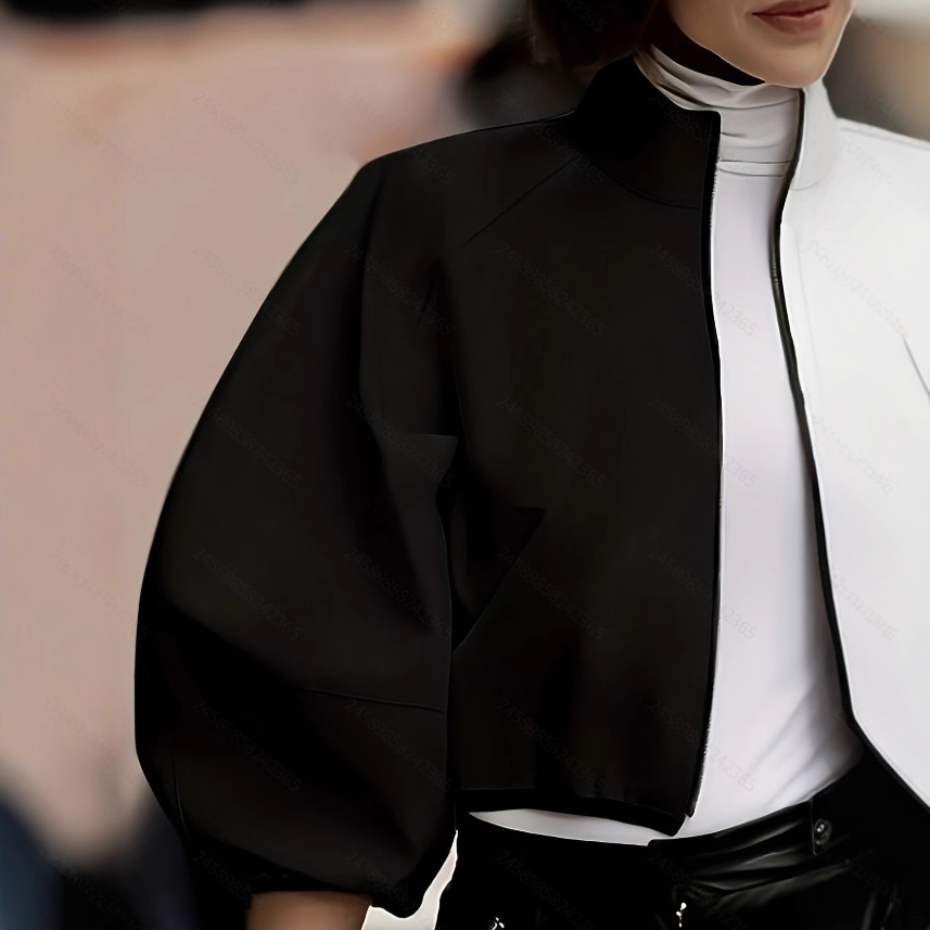 Women's Full-Zip Cropped Jacket with Puff Sleeves and Stand Collar