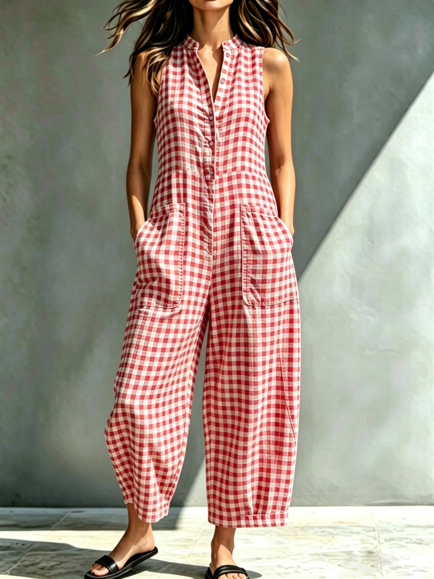 Women's Sleeveless Stand Collar Pocket Jumpsuit
