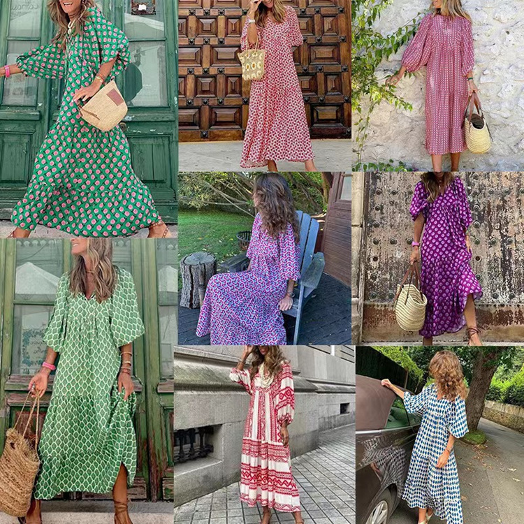 Geometric Print Puff Sleeve Maxi Dress with High Waist and Tie Detail