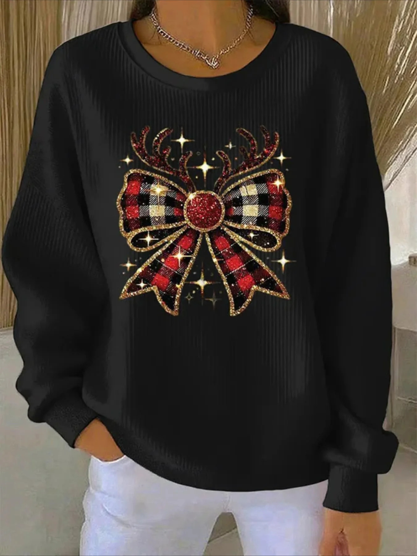 Women's Pumpkin Christmas Tree Bow Print Crewneck Sweatshirt